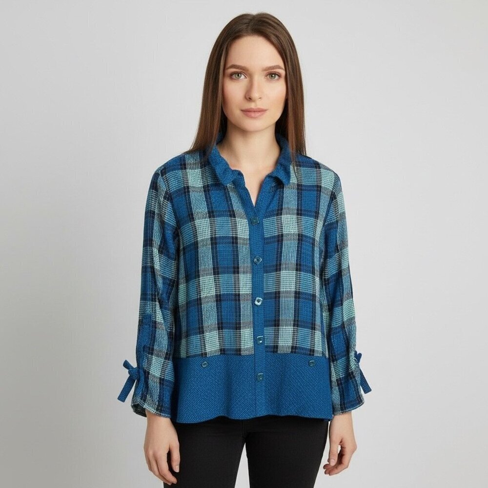 Habitat Blue Plaid Flannel Wired-Collar Shirt Top Size Small